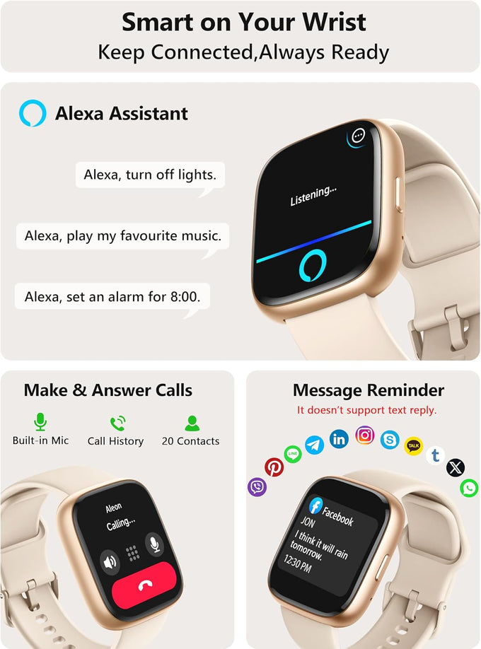Smart Watch 2026 Upgrade for Women Men Android & iPhone [2 Bands, 44mm case, 1.83''], Alexa Built-in, Make/Answer Call, HR SpO2 Sleep Stress Monitor Fitness Tracker, IP68 Waterproof Step Counter Watch