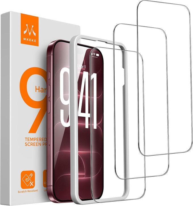 Mkeke Screen Protector for iPhone 16 Pro, 3 Pack 9H+ Tempered Glass
