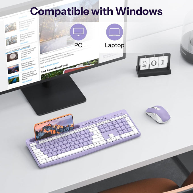 OMOTON Purple Wireless Keyboard and Mouse Combo, Built-in Phone Holder