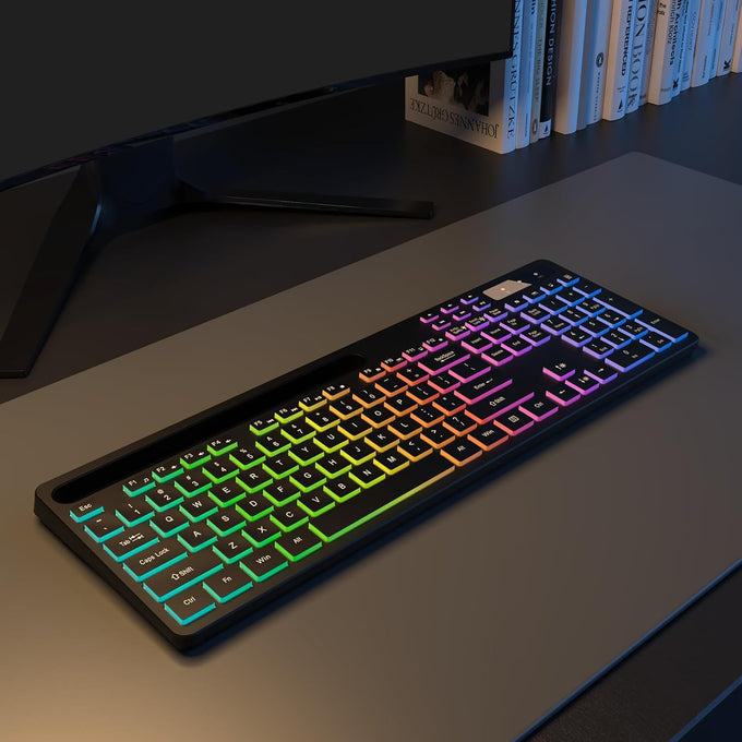 Soueto Wireless Keyboard with RGB Backlit, Phone Holder for Mac/PC, Black