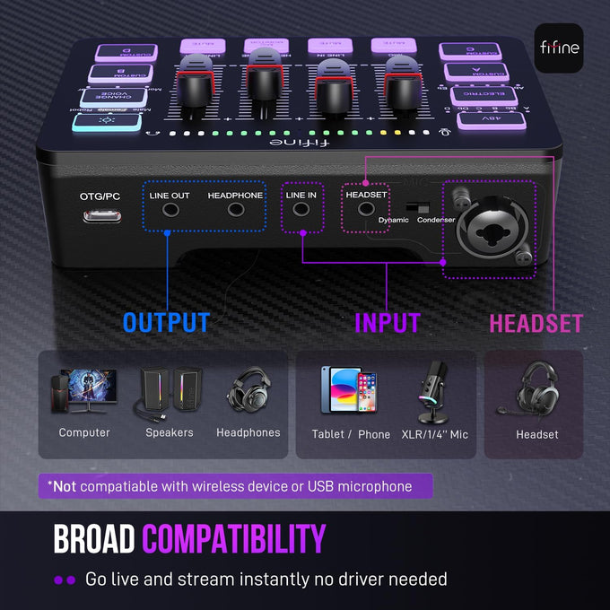 FIFINE Ampligame SC3 Gaming Audio Mixer with Indi-Fader and Volume Control