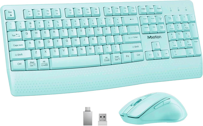 MEETION Wireless Keyboard and Mouse Combo, Full-Size with Wrist Rest, Pink