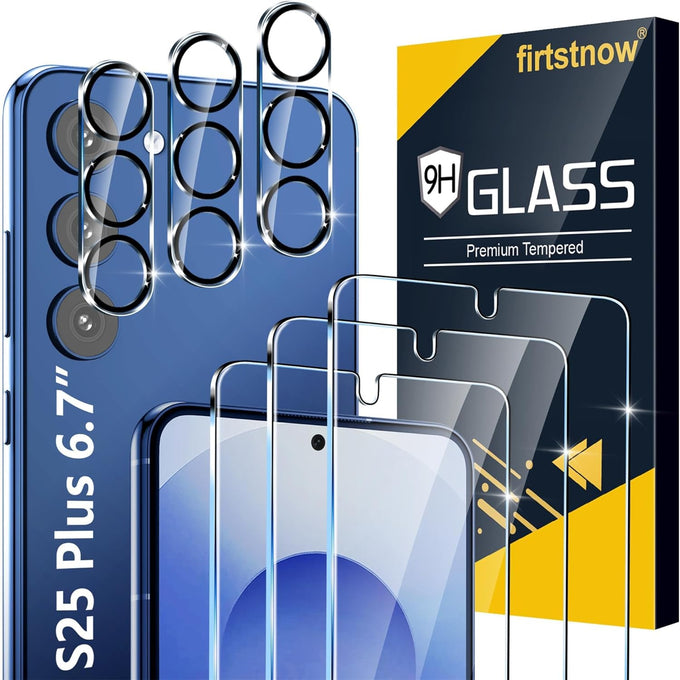 firtstnow 3 Pack for Samsung Galaxy S25 Plus Screen Protector Tempered Glass + 3 Pack Camera Lens Protector, Military Grade Shatterproof, 9H Hardness, Fingerprint Unlock, Case Friendly 6.7 Inch