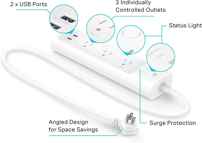kasa smart Plug Power Strip KP303, Surge Protector with 3 Individually Controlled Smart Outlets and 2 USB Ports, Works with Alexa & Google Home, No Hub Required , White