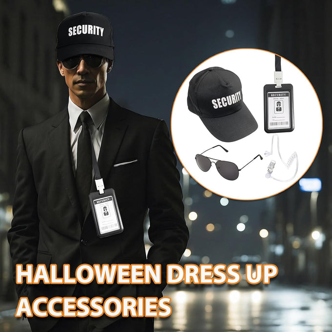 Agent Costume Halloween Security Service Outfit Accessory Secret Spy Costume Props Hat Sunglasses ID card Fake Earpiece Set of 4
