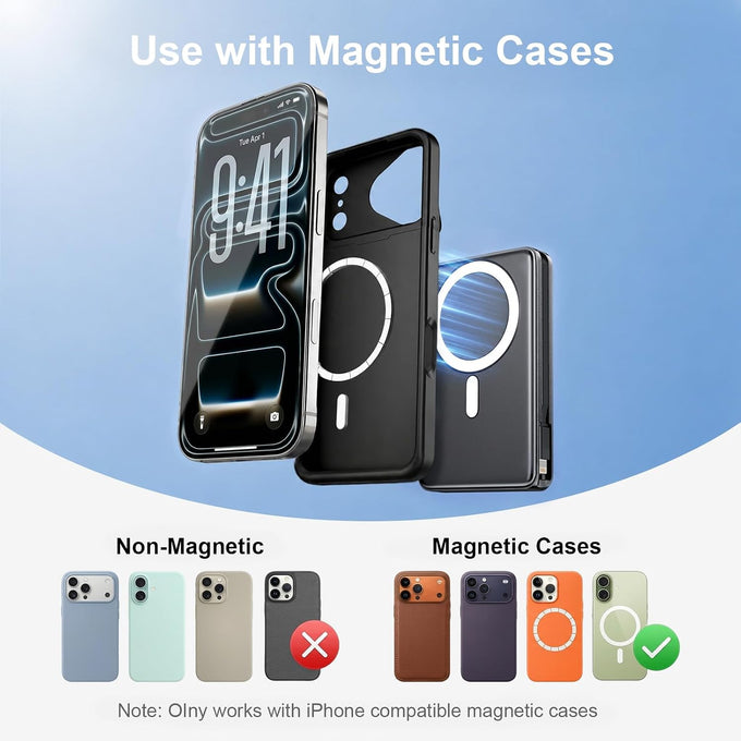 10000mAh Magnetic Wireless Power Bank, 5-in-1 Portable Charger with 2 Built-in Cables, 22.5W PD Fast Charging Magnetic Battery Pack for iPhone 17/16/15/14/13/12 and All Series，Black