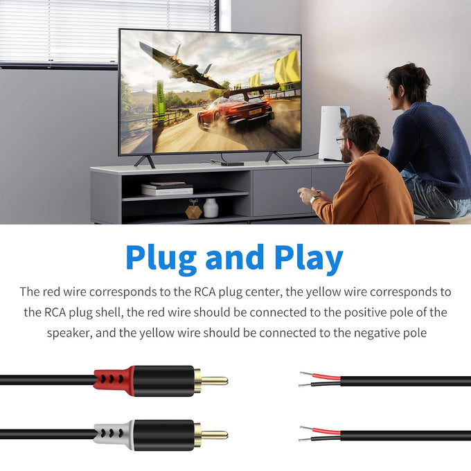 RCA to Speaker Wire Adapter, 2 Bare Wire Speaker Cables to RCA Plug Adapter Repair Speaker Wire for Speaker Amplifier Audio Video AV Receiver TV Subwoofer - 20AWG, 6.6FT
