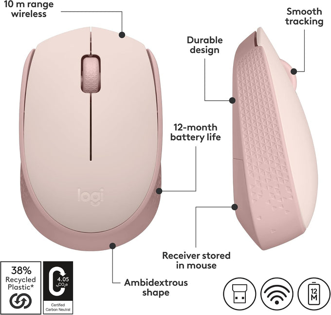 Logitech M170 Compact Ambidextrous 2.4 GHz Wireless Mouse - Rose