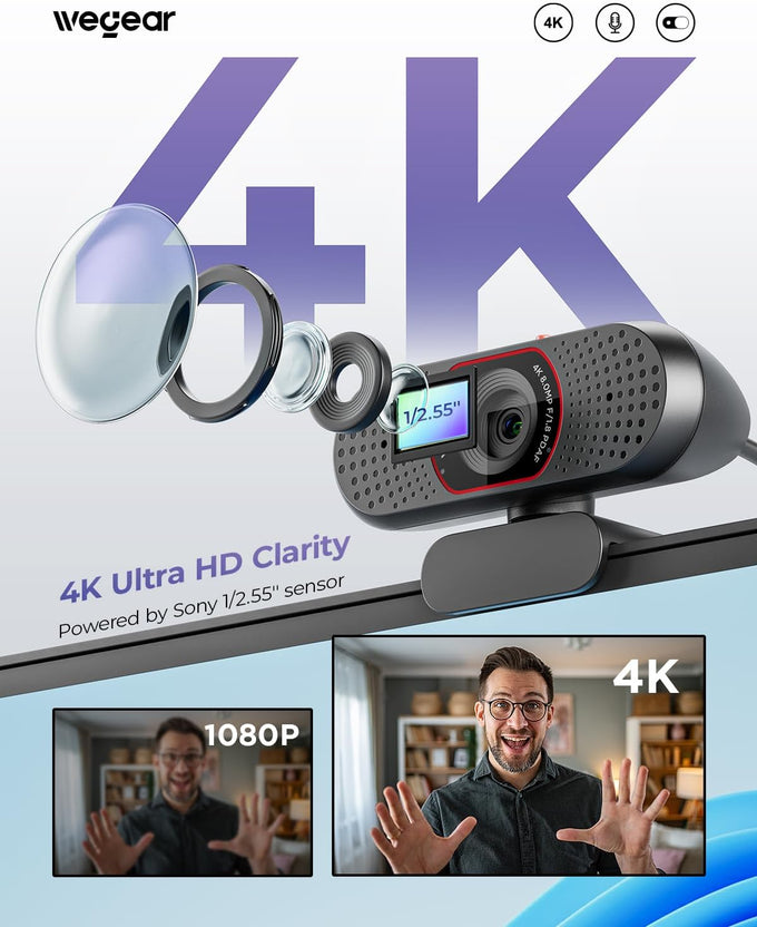 wegear 4K Webcam for PC, USB-A Computer Camera with Sony 1/2.55'' Sensor