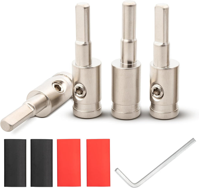 NuIth Amp Input Reducer 0 Gauge to 4 Gauge, 4PCS Car Audio Amplifier Wire Terminal Connectors Brass with Heat Shrink Tubing Allen Key for Amp Input, AWG Pin Power & Ground Connection