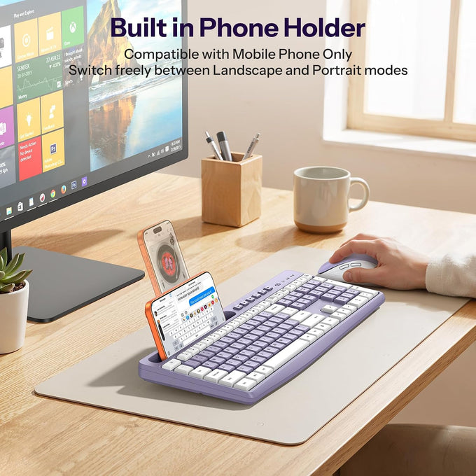 OMOTON Purple Wireless Keyboard and Mouse Combo, Built-in Phone Holder