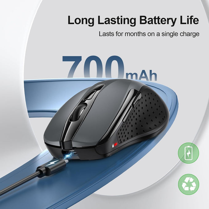 TECKNET Wireless Mouse, BT 5.0/2.4G, Rechargeable 6-DPI Silent, Grey