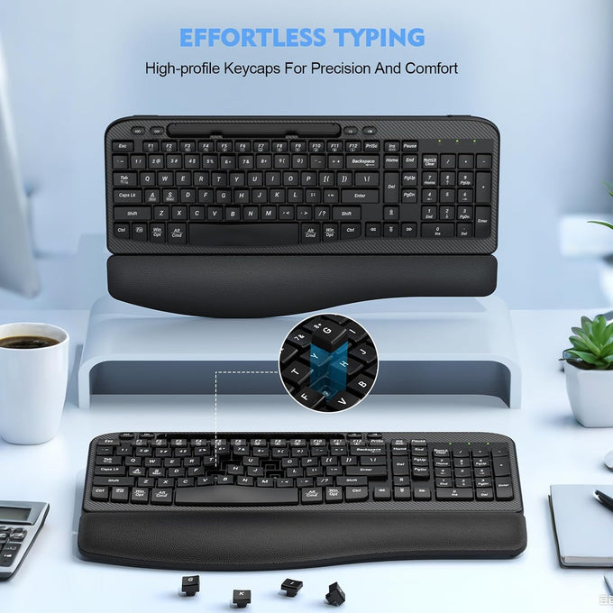 EAYBLLY 2.4G Wireless Ergonomic Keyboard, Full Size Wave Keys with Memory Foam Wrist Rest & 7.28in Phone Holder, USB-C Adapter Included for Windows Mac Chrome OS, Office or Home (Black)
