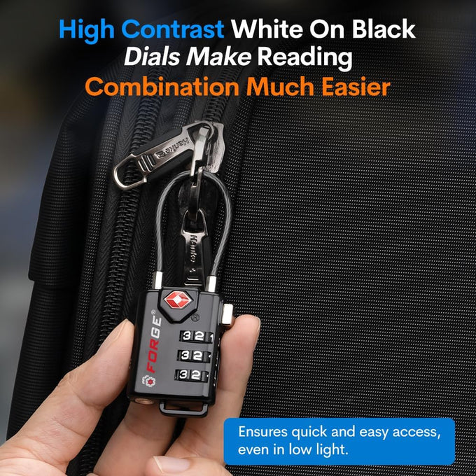 Forge TSA Approved Luggage Locks, Open Alert Cable Lock, Black, 2 Pack
