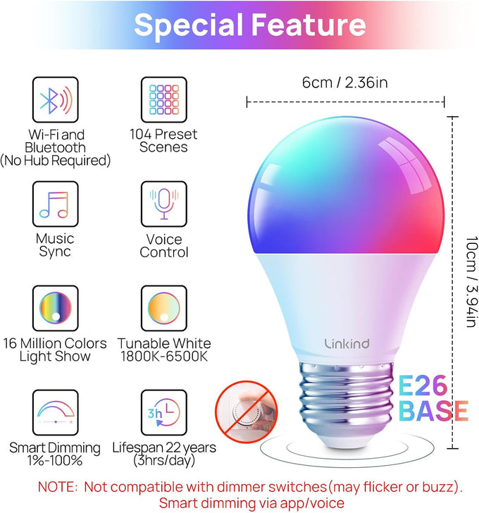 Linkind Smart Light Bulbs, Work with Alexa, Google Home, AiDot