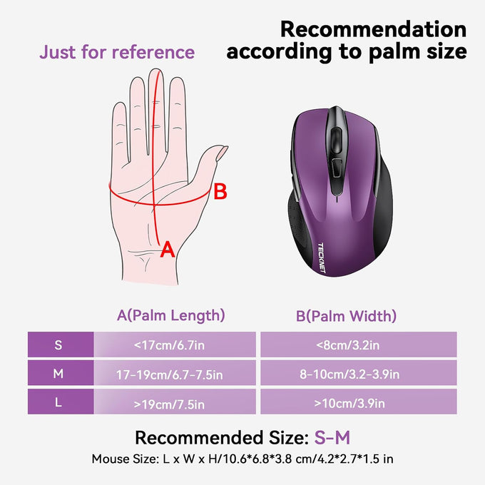 TECKNET Wireless Mouse, 2.4G Ergonomic Computer Mouse, 2600 DPI, Purple