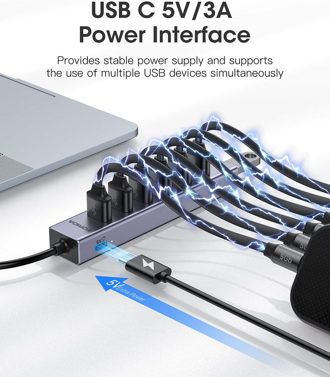 FORIDA Aluminum 8-Port USB Hub Long Cable USB Splitter with 7 USB 3.0 Ports