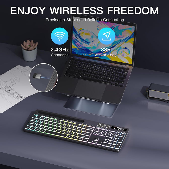 Soueto Wireless Keyboard with RGB Backlit, Phone Holder for Mac/PC, Black