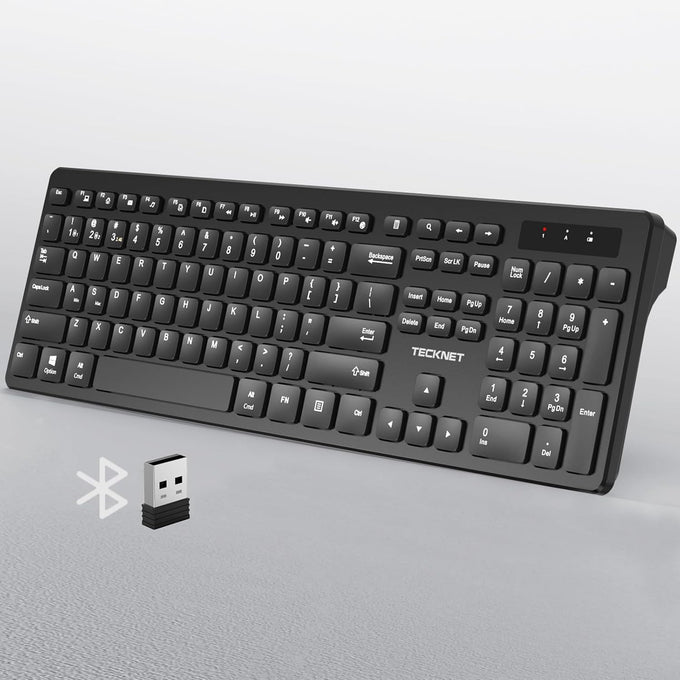 TECKNET Wireless Keyboards Full Size, Bluetooth+2.4G USB for Windows, Black