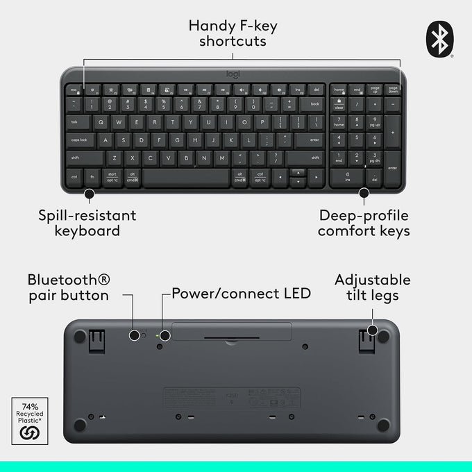 Logitech K250 Compact Wireless Bluetooth Keyboard with Number Pad, Graphite