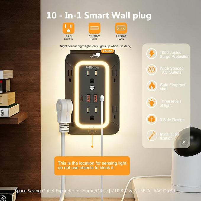 Wall Outlet Extender with Night Light, Power Plug Adapter 6 Outlet Extender with 4 USB Charging Ports（2 USB C）,1050J Power Strip Multi Plug Adapter Spaced for Home Office Travel-Black-ETL