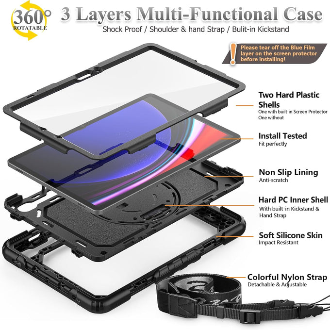 SEYMAC stock Case for Samsung Galaxy Tab S10 Lite / S10 FE / S9 FE 5G / S9 Tablet Case 10.9''/ 11'' Protective with Screen Protector, Pen Holder, 360 Rotate Stand, Hand Strap, Shoulder Strap, Black1