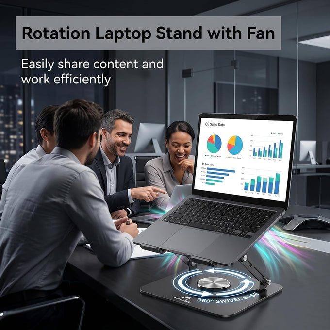 Laptop Stand with Cooling Fan& RGB Lighting,360° Rotating Iron Laptop Riser