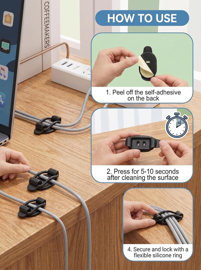 10 Pack Adhesive Cable Clips, Adjustable Cable Management Clips Black