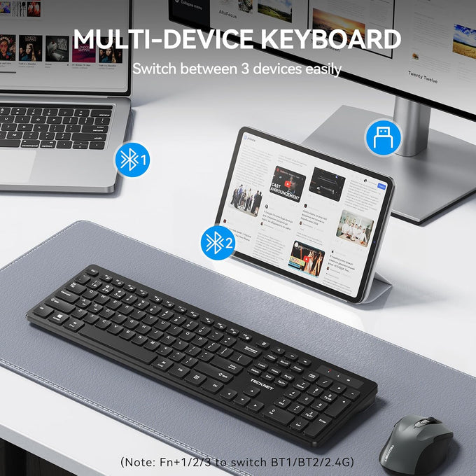 TECKNET Wireless Keyboards Full Size, Bluetooth+2.4G USB for Windows, Black