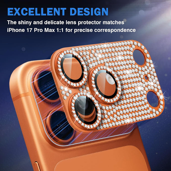 1 Pack Compatible for iPhone 17 Pro Max Camera Lens Protector Glitter, Bling Diamond Ring Anti-scratch 9H Tempered Lens Cover Easy Installation iPhone 17 Pro Max Lens Protector-Diamond Orange