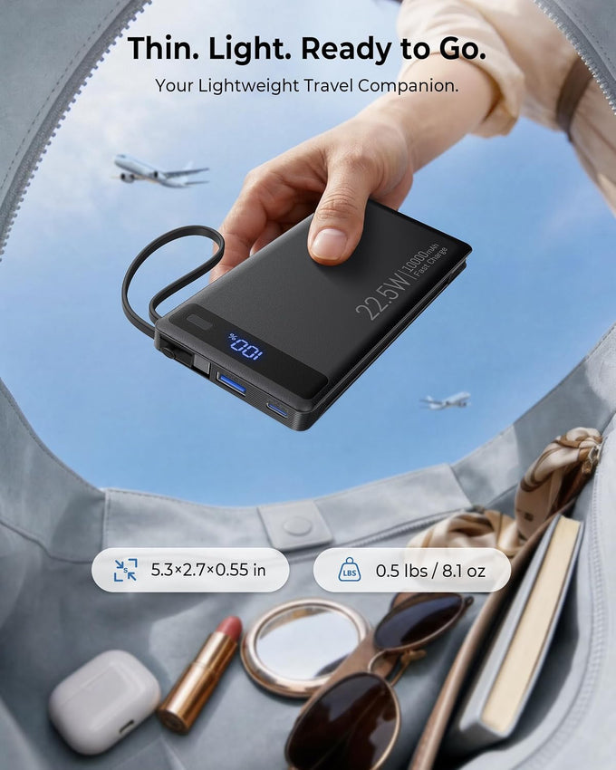 10000mAh Power Bank Built-in 2 Cables,40% Thinner 22.5W PD Portable Charger