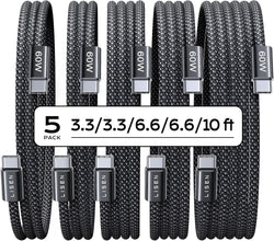 LISEN USB C to USB C Cable, 5-Pack [3.3/3.3/6.6/6.6/10FT] 60W Fast Charging