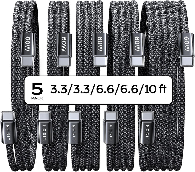LISEN USB C to USB C Cable, 5-Pack [3.3/3.3/6.6/6.6/10FT] 60W Fast Charging