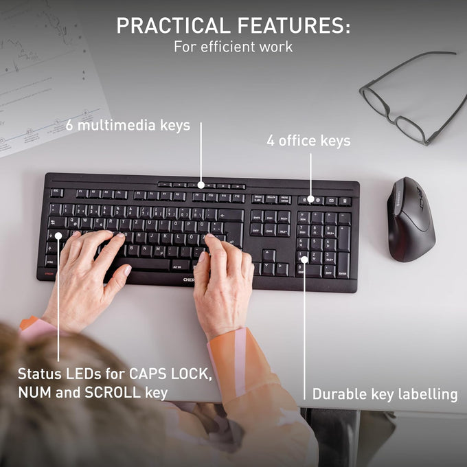 Cherry Stream Keyboard Wireless, Cordless Keyboard, 2,4 GHz Connection, Whisper Quiet Keys, Slim Design, Battery-Powered, SX Scissor Switches, QWERTY, Black