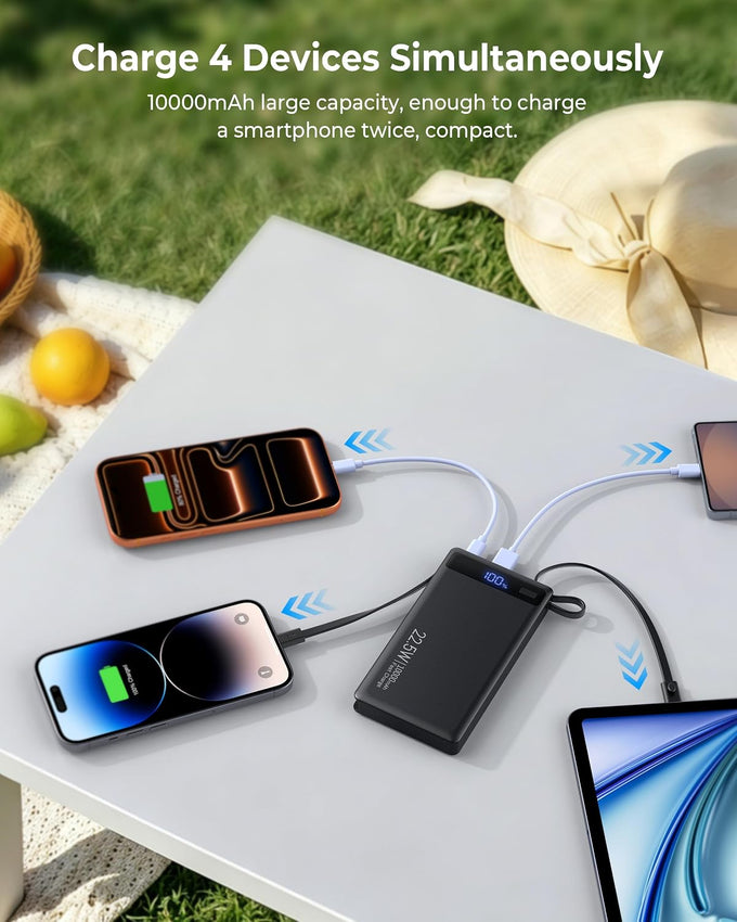 10000mAh Power Bank Built-in 2 Cables,40% Thinner 22.5W PD Portable Charger