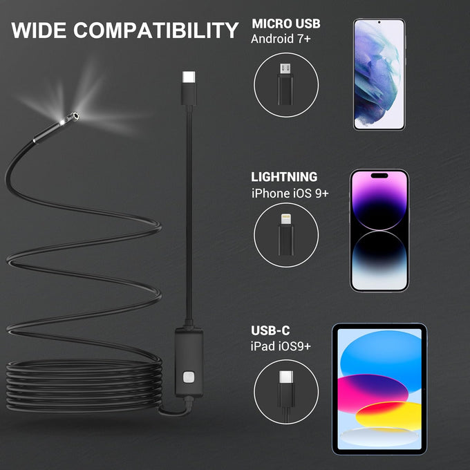 Dual-Lens Endoscope Camera with Light, 1920P HD Borescope Inspection Camera