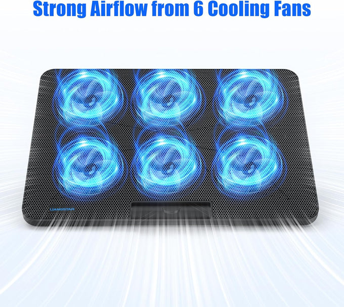 LIANGSTAR Laptop Cooling Pad, Laptop Cooler with 6 Quiet Fans for 12-17 Inch Notebook Gaming Fan Stable Stand, 7 Height & Wind Speed Adjustable, 2 USB Port & Phone Holder (Black)