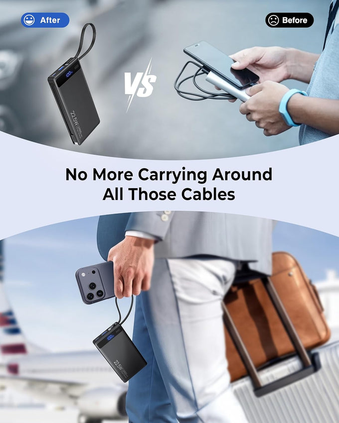 10000mAh Power Bank Built-in 2 Cables,40% Thinner 22.5W PD Portable Charger