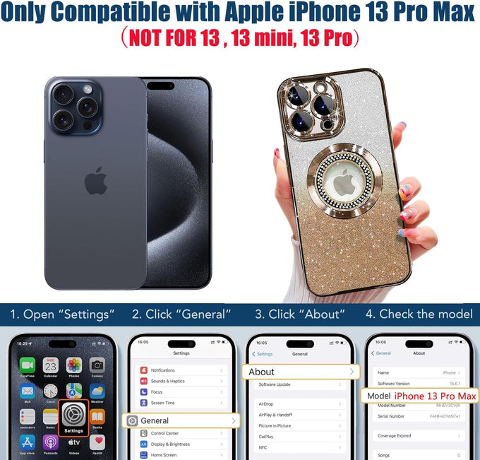 Misscase for iPhone 13 Pro Max Magnetic Glitter Case Compatible with MagSafe,Full Protection Slim Shockproof Anti-Scratch Case with Camera Lens Protector Logo View Dust-Proof Net for Women Gold