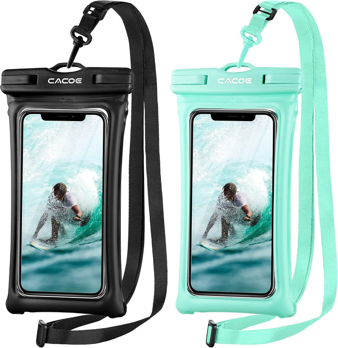 CACOE Floatable Waterproof Phone Pouch 2 Pack Up to 7.0",Black+Green