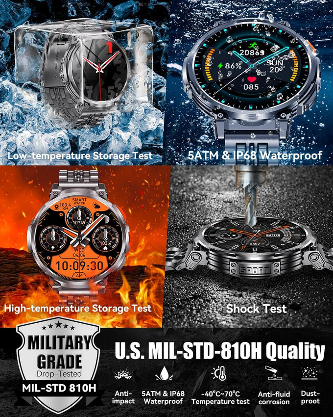 1.85" Big Screen Military Smart Watch for Men with Flashlight, 930mAh Large Battery, IP68 Waterproof, Bluetooth Calling, 114 Sports Modes, Heart Rate/Sleep Monitor for iPhone & Android