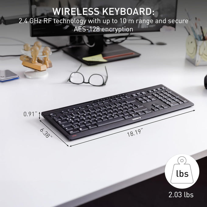 Cherry Stream Keyboard Wireless, Cordless Keyboard, 2,4 GHz Connection, Whisper Quiet Keys, Slim Design, Battery-Powered, SX Scissor Switches, QWERTY, Black