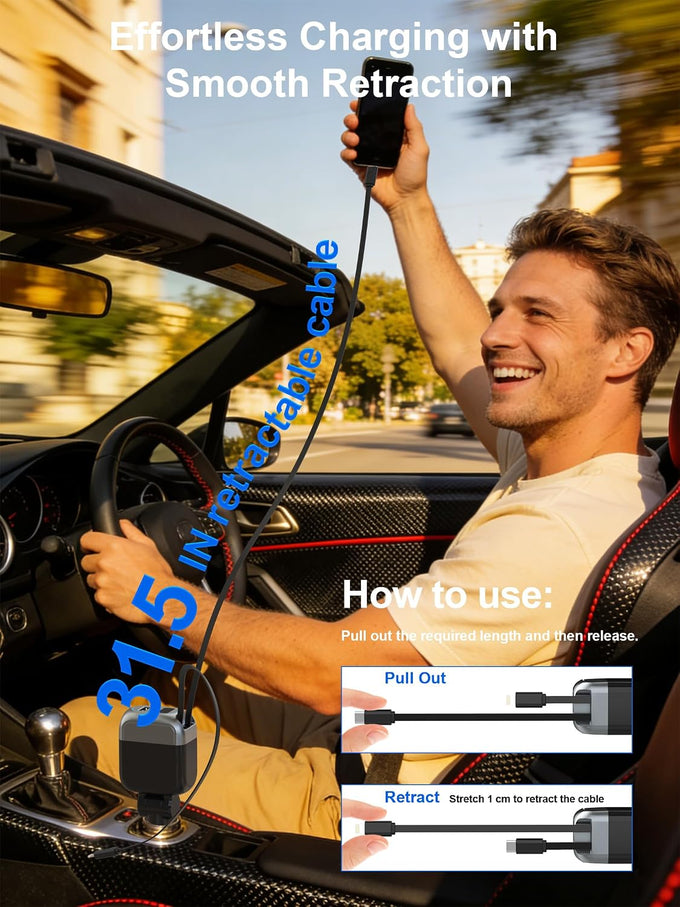 87W Retractable Car Charger, Cigarette Lighter USB Charger for iPhone 17