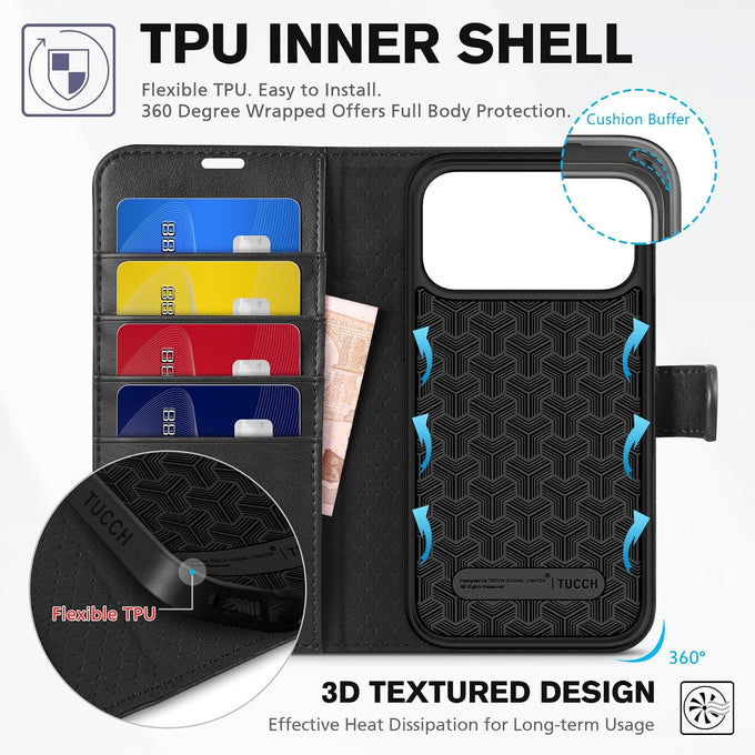 TUCCH Wallet Case for iPhone 18 Pro Max & 17 Pro Max, 4 Card Holders, Black