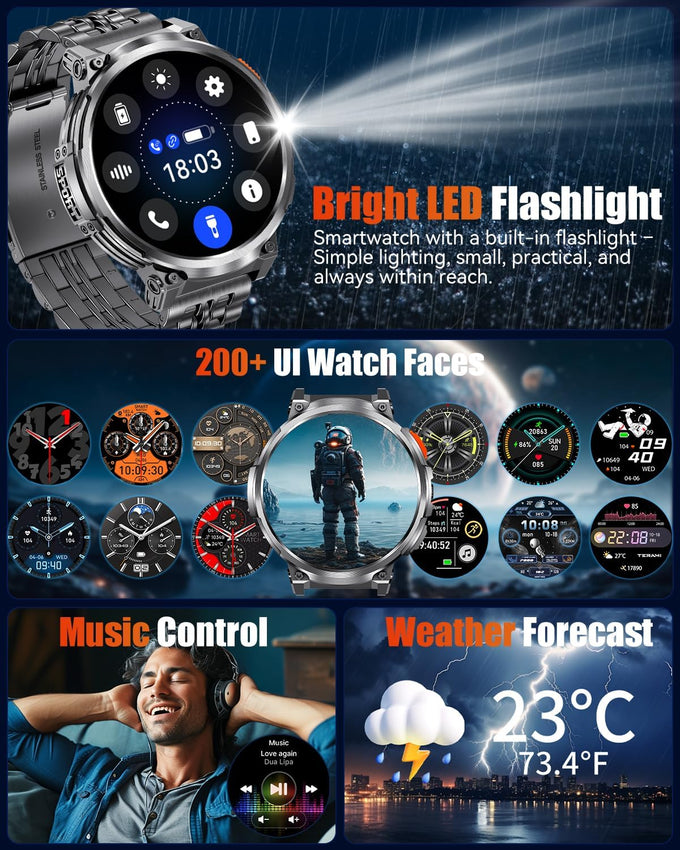 1.85" Big Screen Military Smart Watch for Men with Flashlight, 930mAh Large Battery, IP68 Waterproof, Bluetooth Calling, 114 Sports Modes, Heart Rate/Sleep Monitor for iPhone & Android