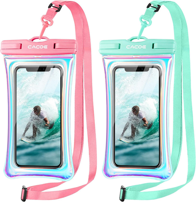 CACOE Floatable Waterproof Phone Pouch 2 Pack Up to 7.0",Black+Green