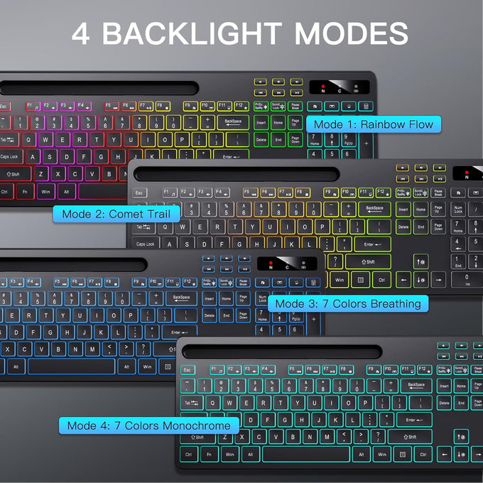 Soueto Wireless Keyboard with RGB Backlit, Phone Holder for Mac/PC, Black