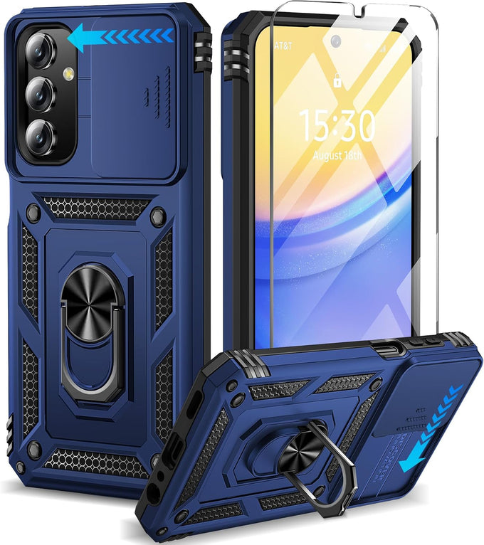 BaHaHoues for Samsung Galaxy A15 5G Case with Screen Protector & Slide Camera Lens Cover,Built-in 360°Rotate Magnetic Ring Stand Shockproof Protective Phone Case for Samsung A15 5G Case (Blue)