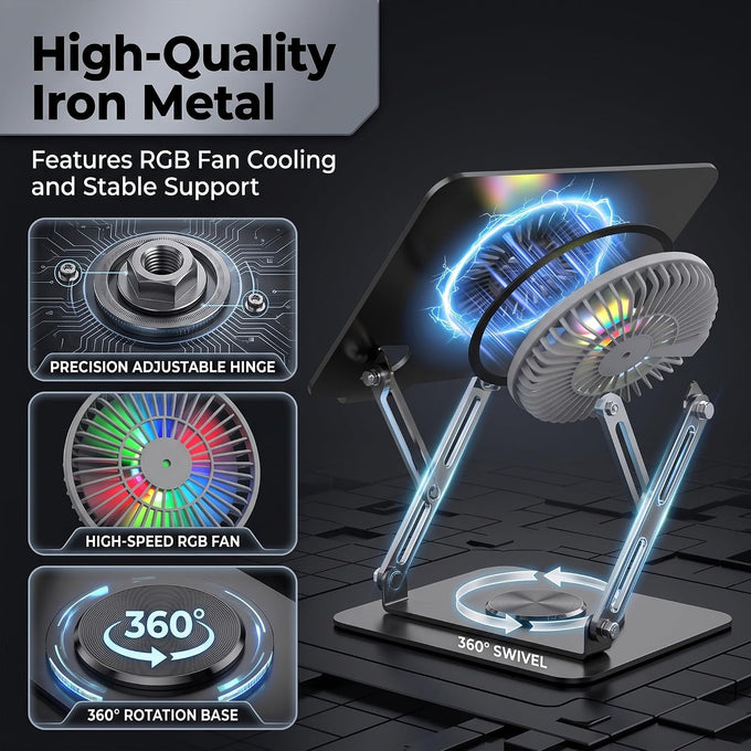 Laptop Stand with Cooling Fan& RGB Lighting,360° Rotating Iron Laptop Riser