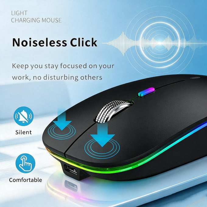 Uiosmuph LED Wireless Mouse, G12 Slim Rechargeable Silent Mouse Matte Black